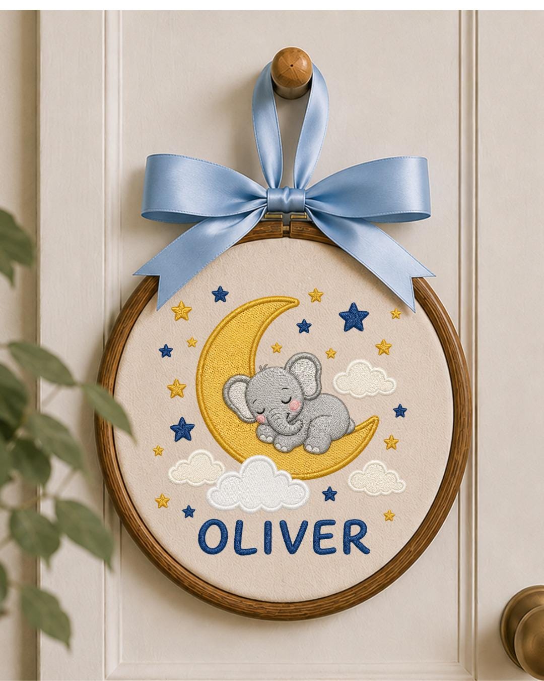 Personalized Embroidered Elephant Ornament, Custom Baby Name Hoop, Sleeping Elephant Moon Nursery Decor, Baby Boy Gift, Newborn Keepsake