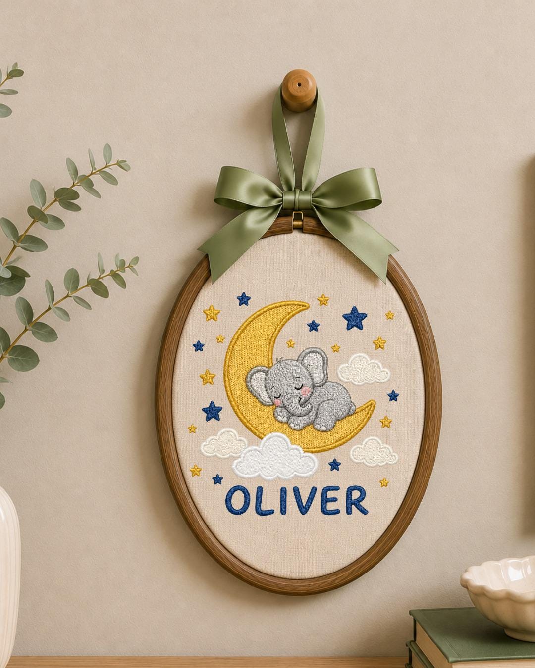 Personalized Embroidered Elephant Ornament, Custom Baby Name Hoop, Sleeping Elephant Moon Nursery Decor, Baby Boy Gift, Newborn Keepsake