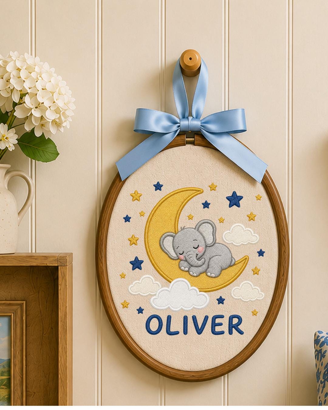 Personalized Embroidered Elephant Ornament, Custom Baby Name Hoop, Sleeping Elephant Moon Nursery Decor, Baby Boy Gift, Newborn Keepsake