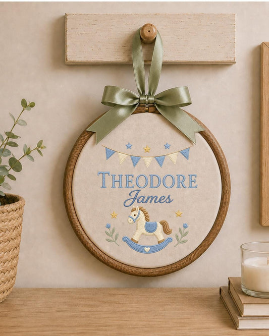 Personalized Embroidered Rocking Horse Ornament, Custom Baby Name Hoop, Classic Nursery Wall Decor, Baby Boy Gift, Newborn Keepsake
