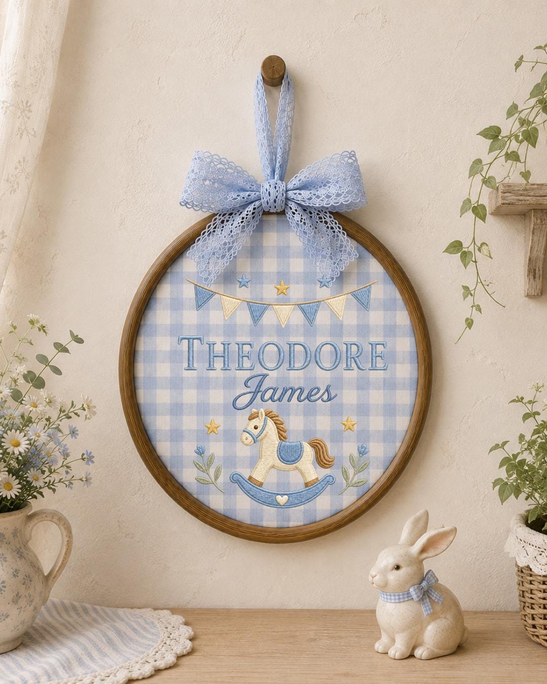 Personalized Embroidered Rocking Horse Ornament, Custom Baby Name Hoop, Classic Nursery Wall Decor, Baby Boy Gift, Newborn Keepsake