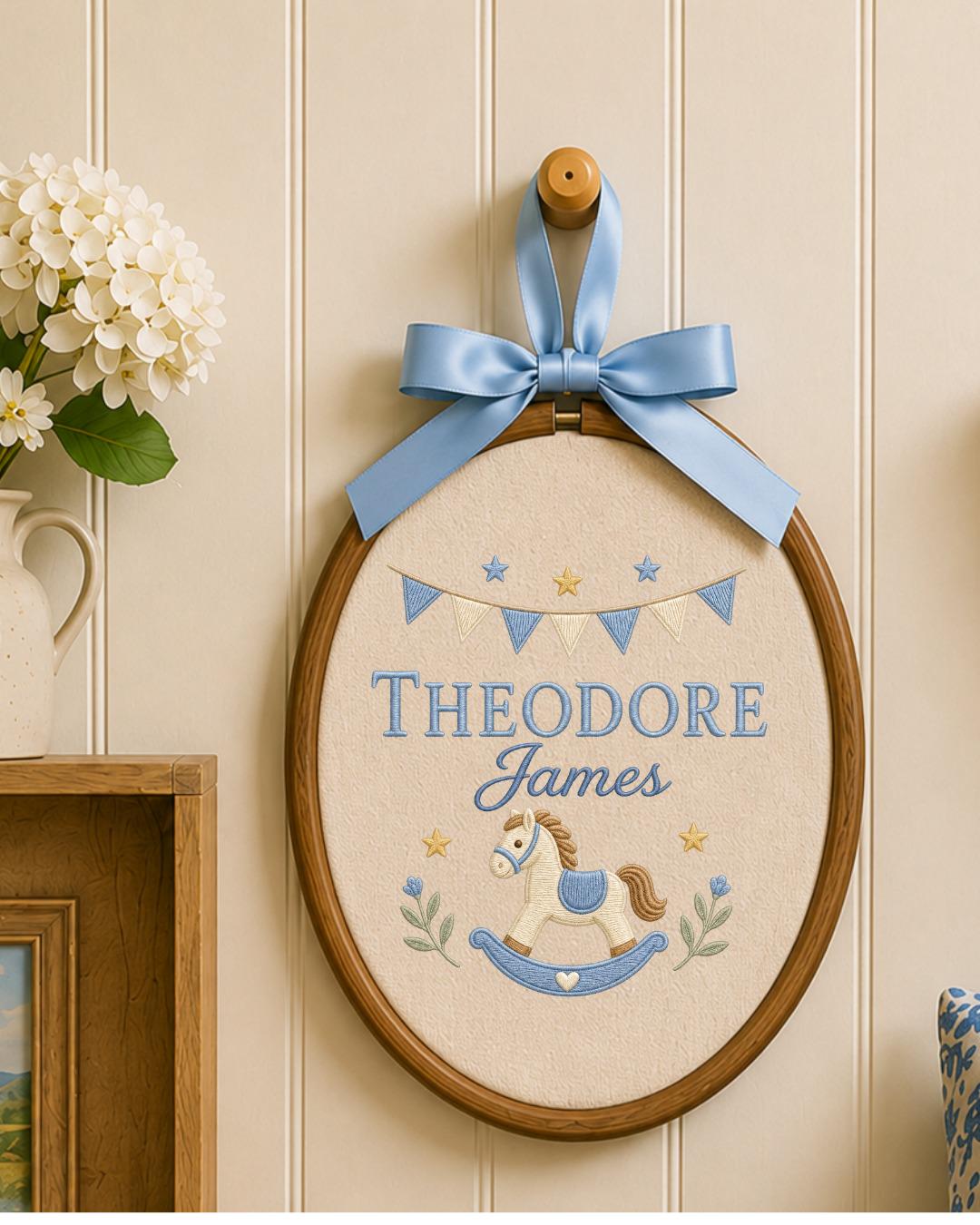 Personalized Embroidered Rocking Horse Ornament, Custom Baby Name Hoop, Classic Nursery Wall Decor, Baby Boy Gift, Newborn Keepsake