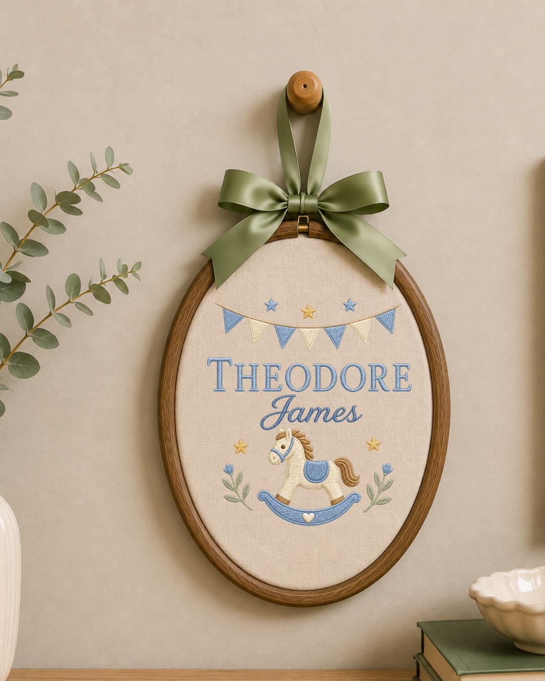 Personalized Embroidered Rocking Horse Ornament, Custom Baby Name Hoop, Classic Nursery Wall Decor, Baby Boy Gift, Newborn Keepsake