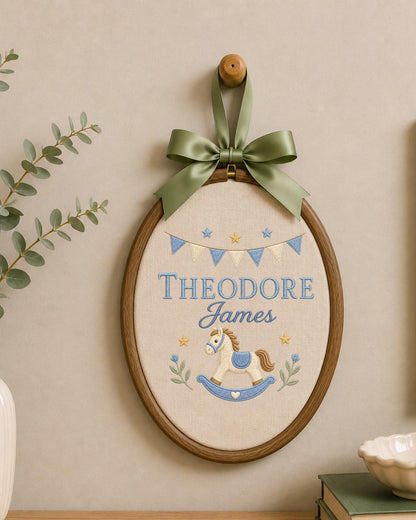 Personalized Embroidered Rocking Horse Ornament, Custom Baby Name Hoop, Classic Nursery Wall Decor, Baby Boy Gift, Newborn Keepsake