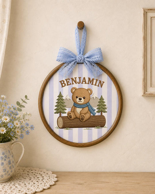 Personalized Embroidered Teddy Bear Ornament, Custom Baby Name Hoop, Woodland Mountain Nursery Decor, Baby Boy Gift, Newborn Keepsake