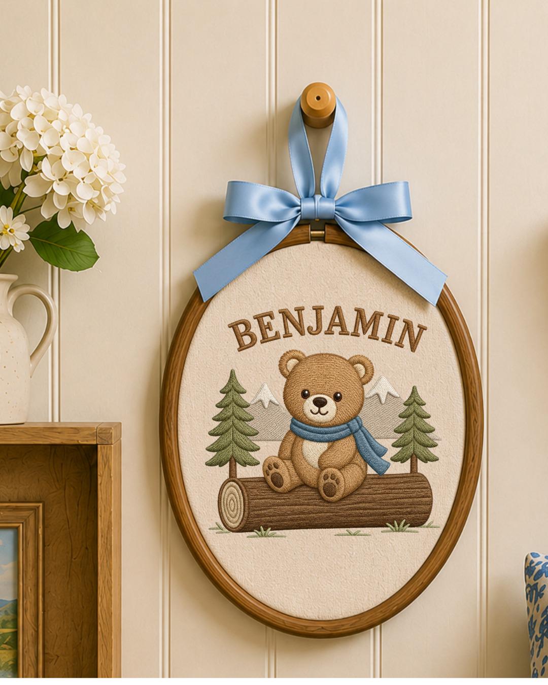 Personalized Embroidered Teddy Bear Ornament, Custom Baby Name Hoop, Woodland Mountain Nursery Decor, Baby Boy Gift, Newborn Keepsake