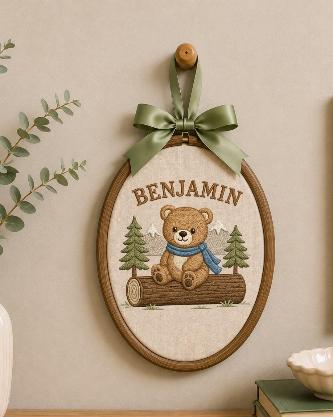Personalized Embroidered Teddy Bear Ornament, Custom Baby Name Hoop, Woodland Mountain Nursery Decor, Baby Boy Gift, Newborn Keepsake