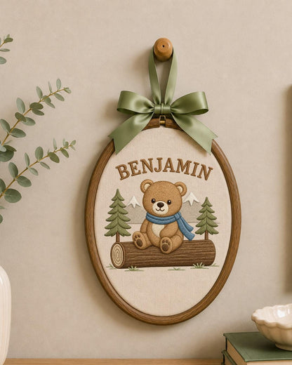 Personalized Embroidered Teddy Bear Ornament, Custom Baby Name Hoop, Woodland Mountain Nursery Decor, Baby Boy Gift, Newborn Keepsake
