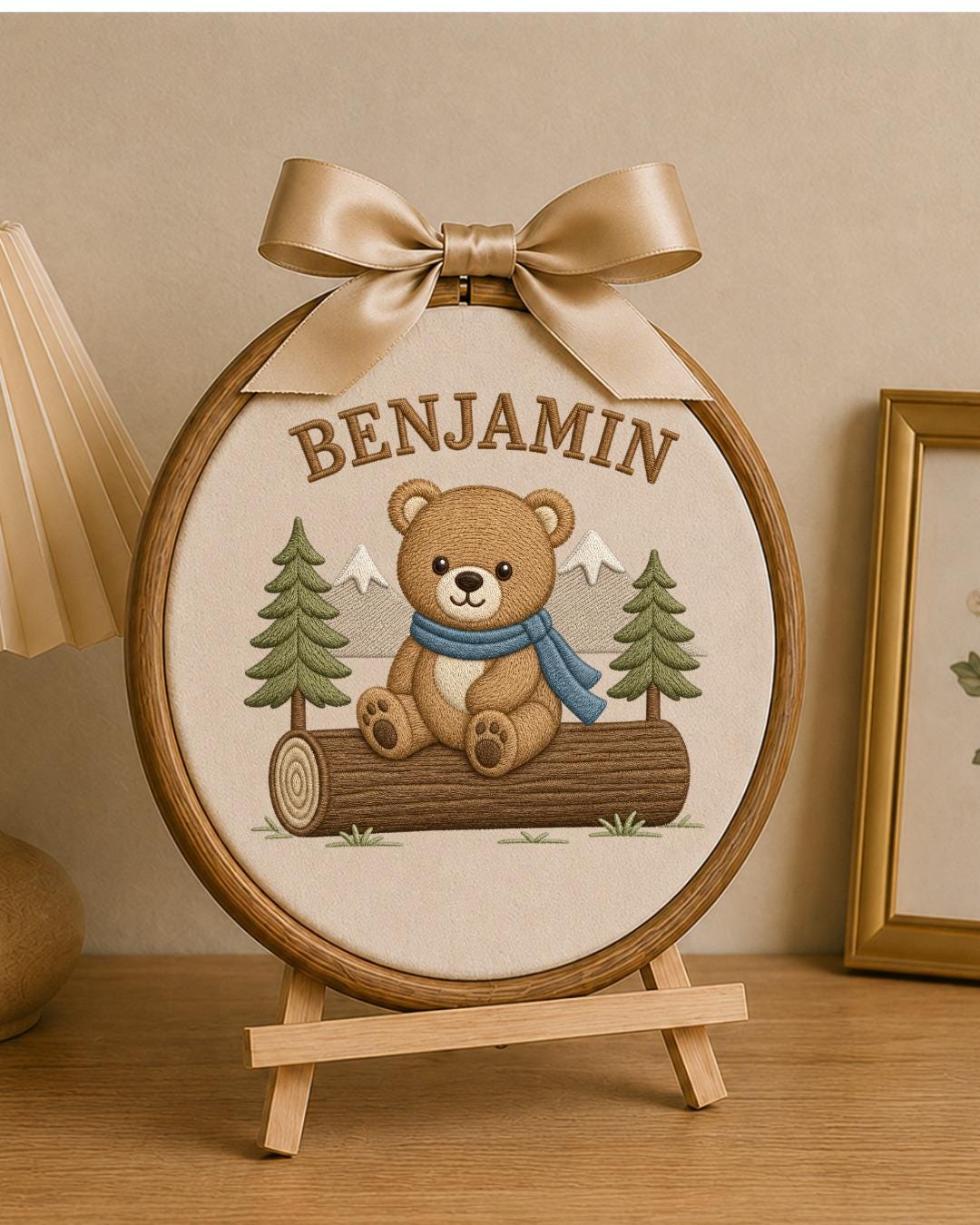 Personalized Embroidered Teddy Bear Ornament, Custom Baby Name Hoop, Woodland Mountain Nursery Decor, Baby Boy Gift, Newborn Keepsake