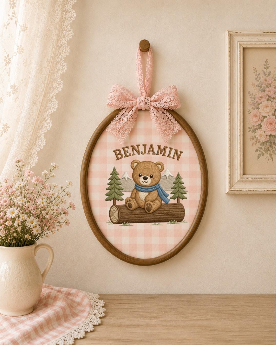 Personalized Embroidered Teddy Bear Ornament, Custom Baby Name Hoop, Woodland Mountain Nursery Decor, Baby Boy Gift, Newborn Keepsake