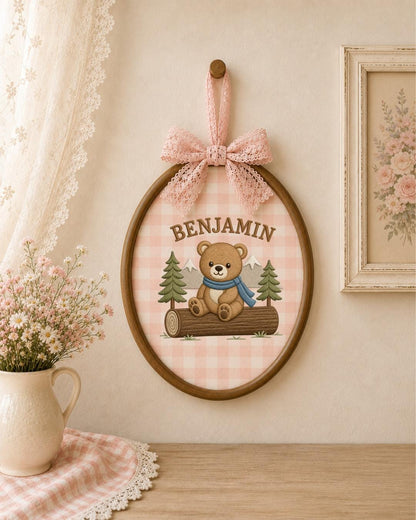 Personalized Embroidered Teddy Bear Ornament, Custom Baby Name Hoop, Woodland Mountain Nursery Decor, Baby Boy Gift, Newborn Keepsake