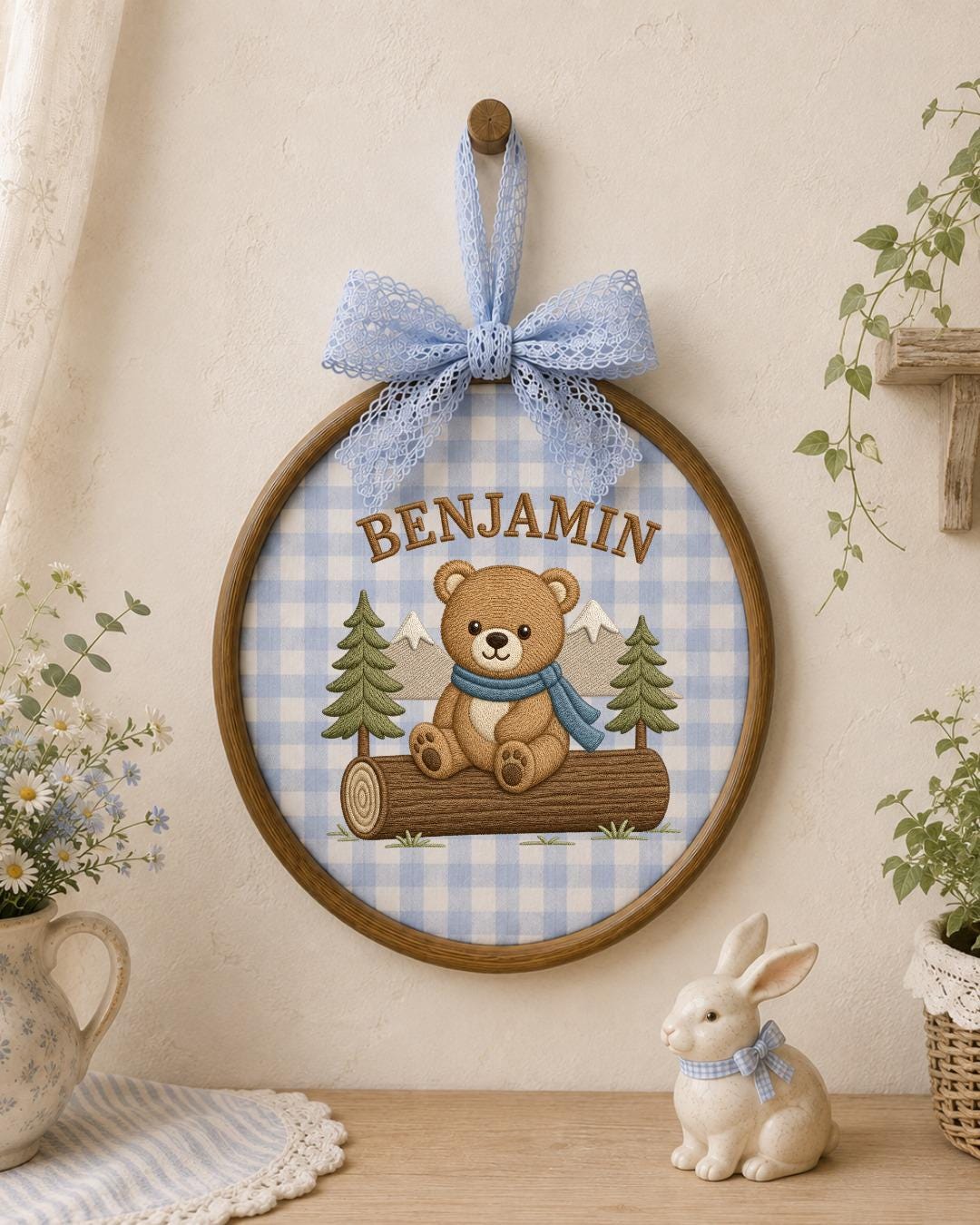 Personalized Embroidered Teddy Bear Ornament, Custom Baby Name Hoop, Woodland Mountain Nursery Decor, Baby Boy Gift, Newborn Keepsake