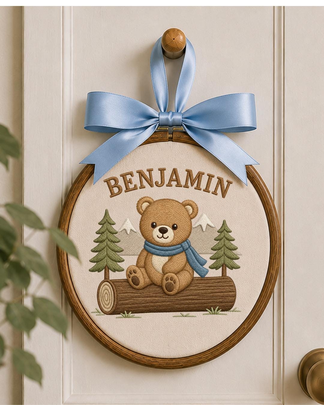 Personalized Embroidered Teddy Bear Ornament, Custom Baby Name Hoop, Woodland Mountain Nursery Decor, Baby Boy Gift, Newborn Keepsake