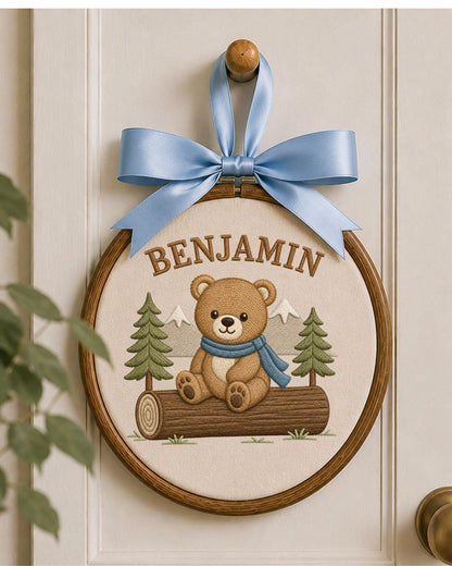 Personalized Embroidered Teddy Bear Ornament, Custom Baby Name Hoop, Woodland Mountain Nursery Decor, Baby Boy Gift, Newborn Keepsake