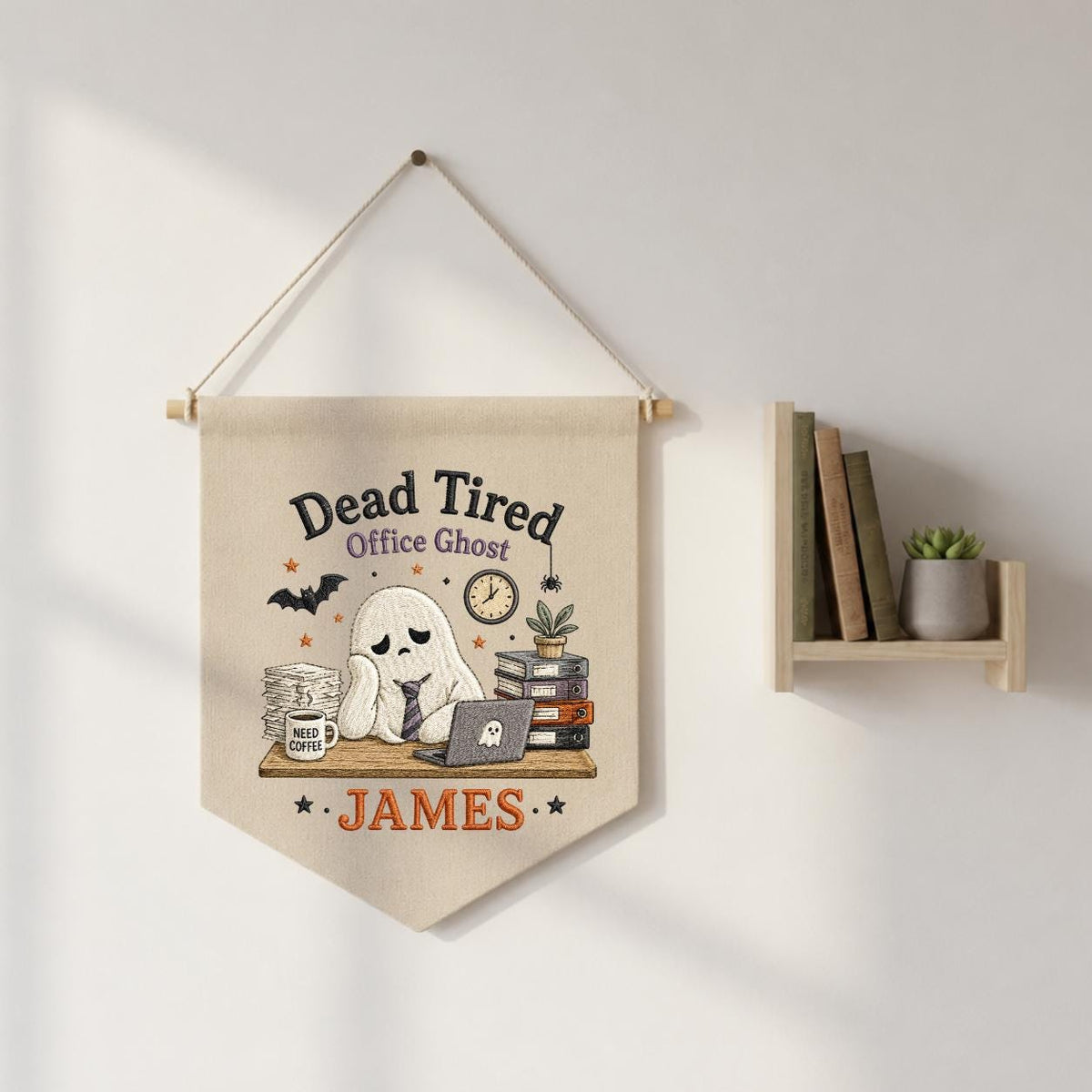 Personalized Dead Tired Office Ghost Canvas Pennant Banner, Custom Name Embroidered Halloween Funny Work Coworker Wall Hanging Sign