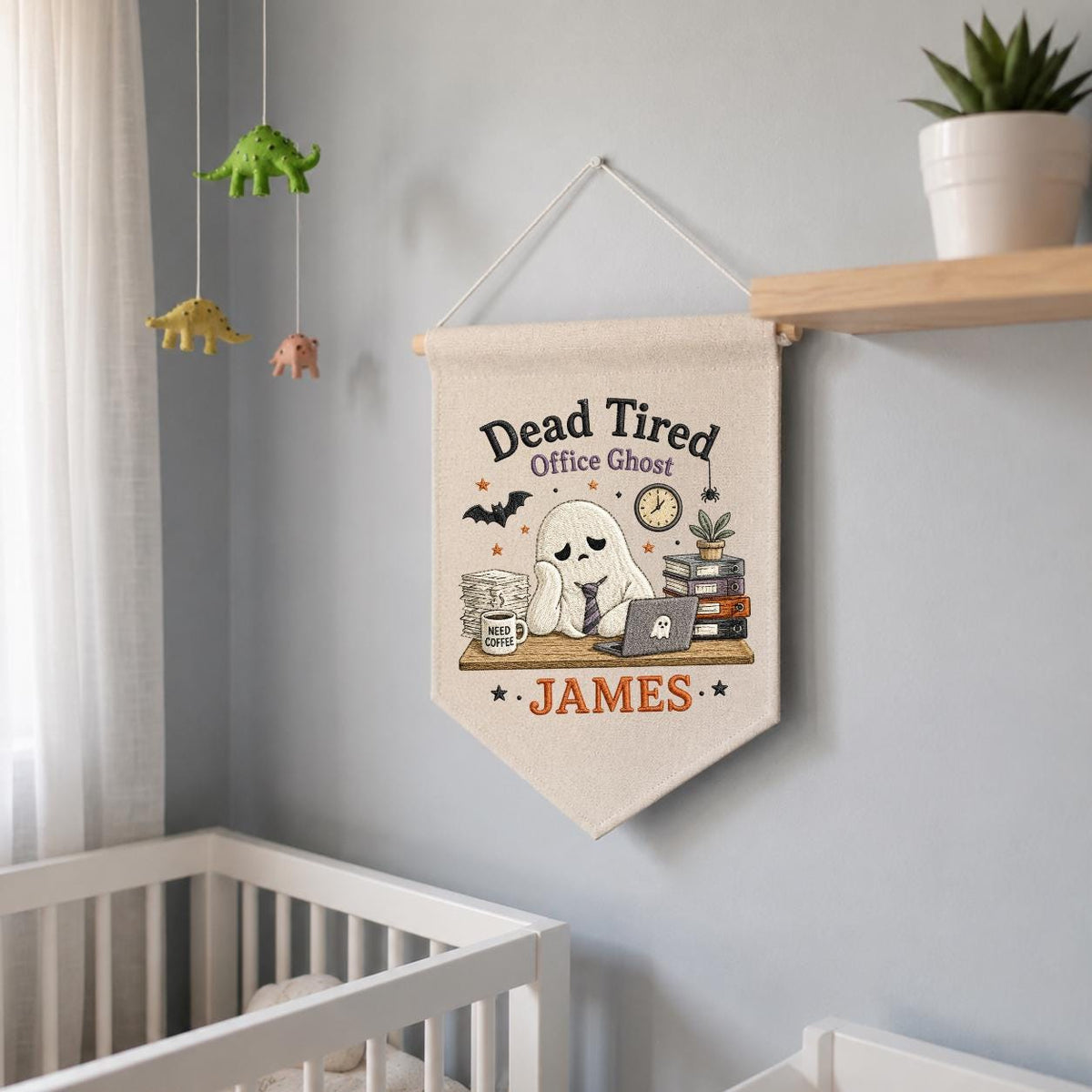Personalized Dead Tired Office Ghost Canvas Pennant Banner, Custom Name Embroidered Halloween Funny Work Coworker Wall Hanging Sign