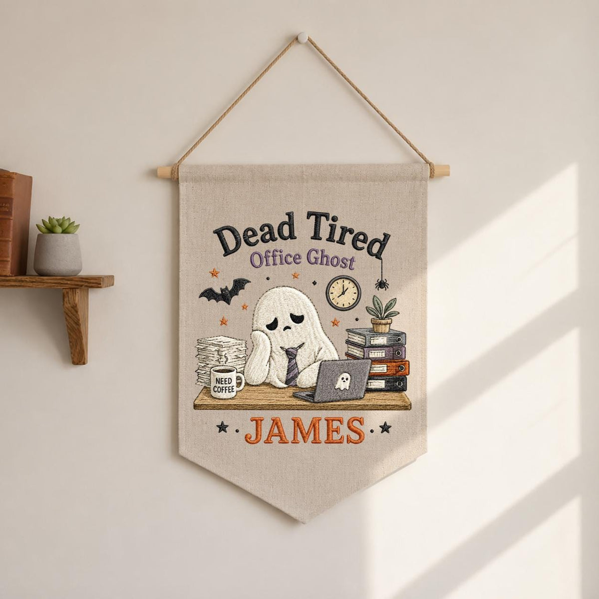 Personalized Dead Tired Office Ghost Canvas Pennant Banner, Custom Name Embroidered Halloween Funny Work Coworker Wall Hanging Sign