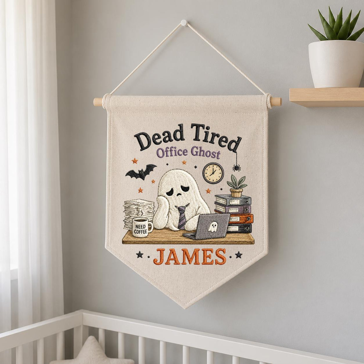 Personalized Dead Tired Office Ghost Canvas Pennant Banner, Custom Name Embroidered Halloween Funny Work Coworker Wall Hanging Sign