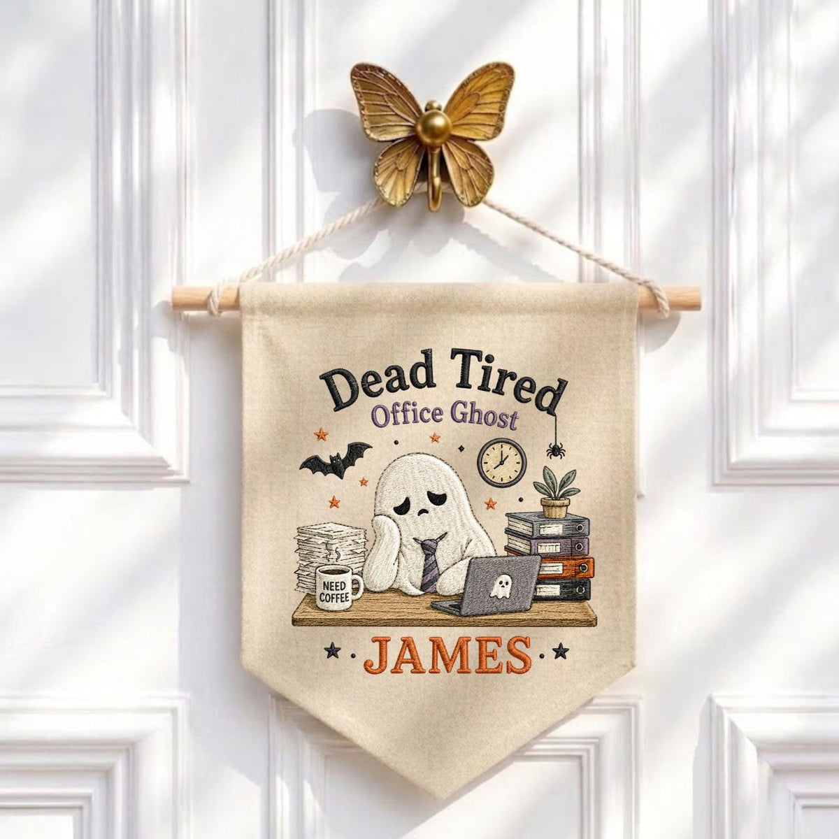Personalized Dead Tired Office Ghost Canvas Pennant Banner, Custom Name Embroidered Halloween Funny Work Coworker Wall Hanging Sign