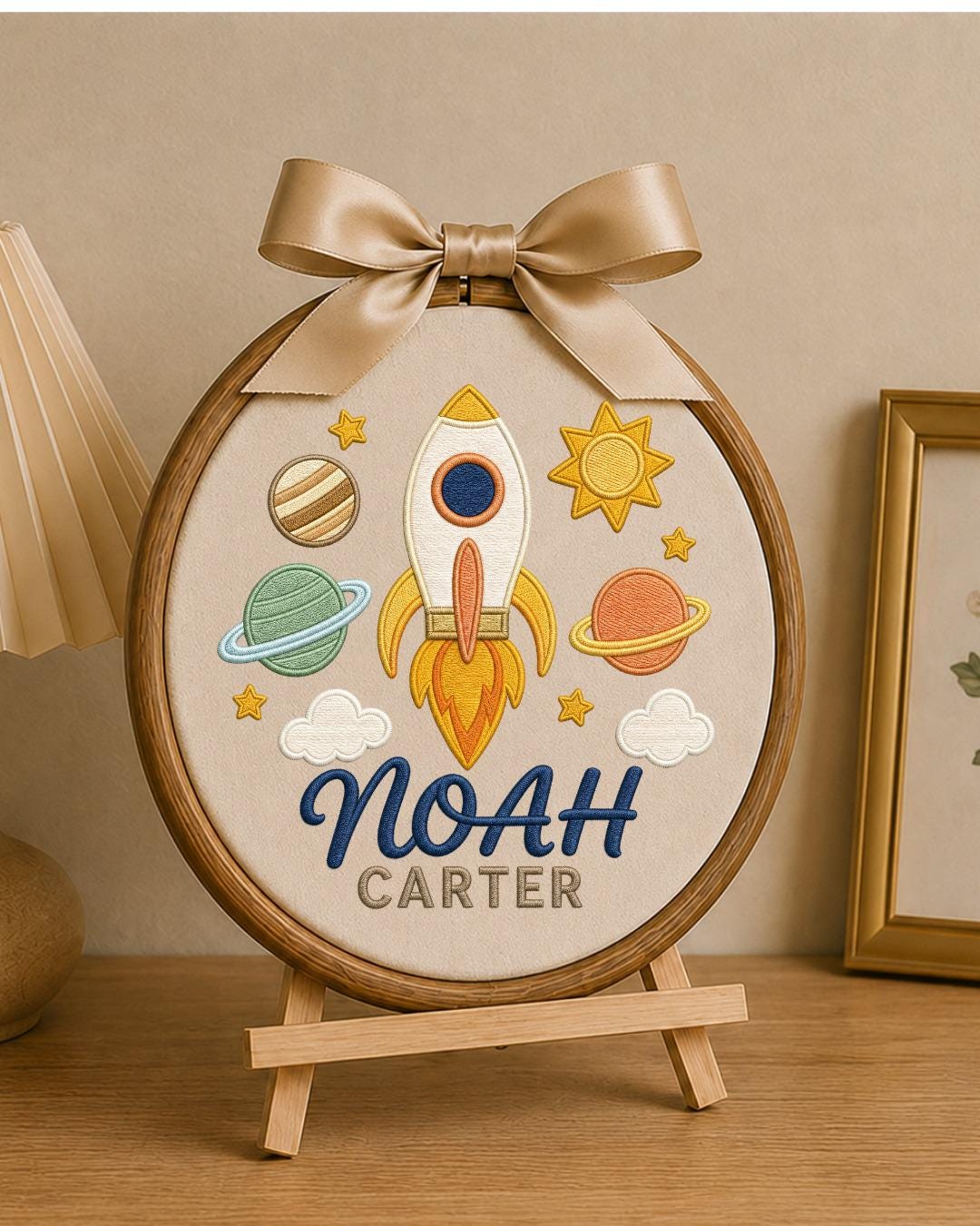Personalized Embroidered Rocket Ornament, Custom Baby Name Hoop, Space Nursery Wall Decor, Baby Boy Gift, Newborn Keepsake
