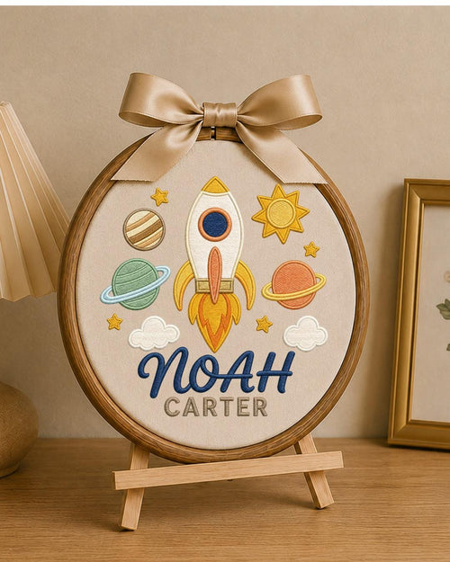 Personalized Embroidered Rocket Ornament, Custom Baby Name Hoop, Space Nursery Wall Decor, Baby Boy Gift, Newborn Keepsake