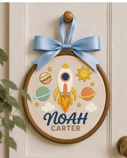 Personalized Embroidered Rocket Ornament, Custom Baby Name Hoop, Space Nursery Wall Decor, Baby Boy Gift, Newborn Keepsake