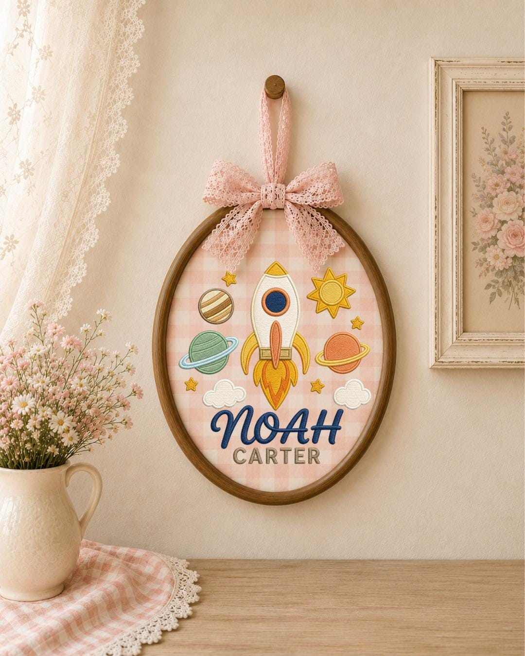 Personalized Embroidered Rocket Ornament, Custom Baby Name Hoop, Space Nursery Wall Decor, Baby Boy Gift, Newborn Keepsake