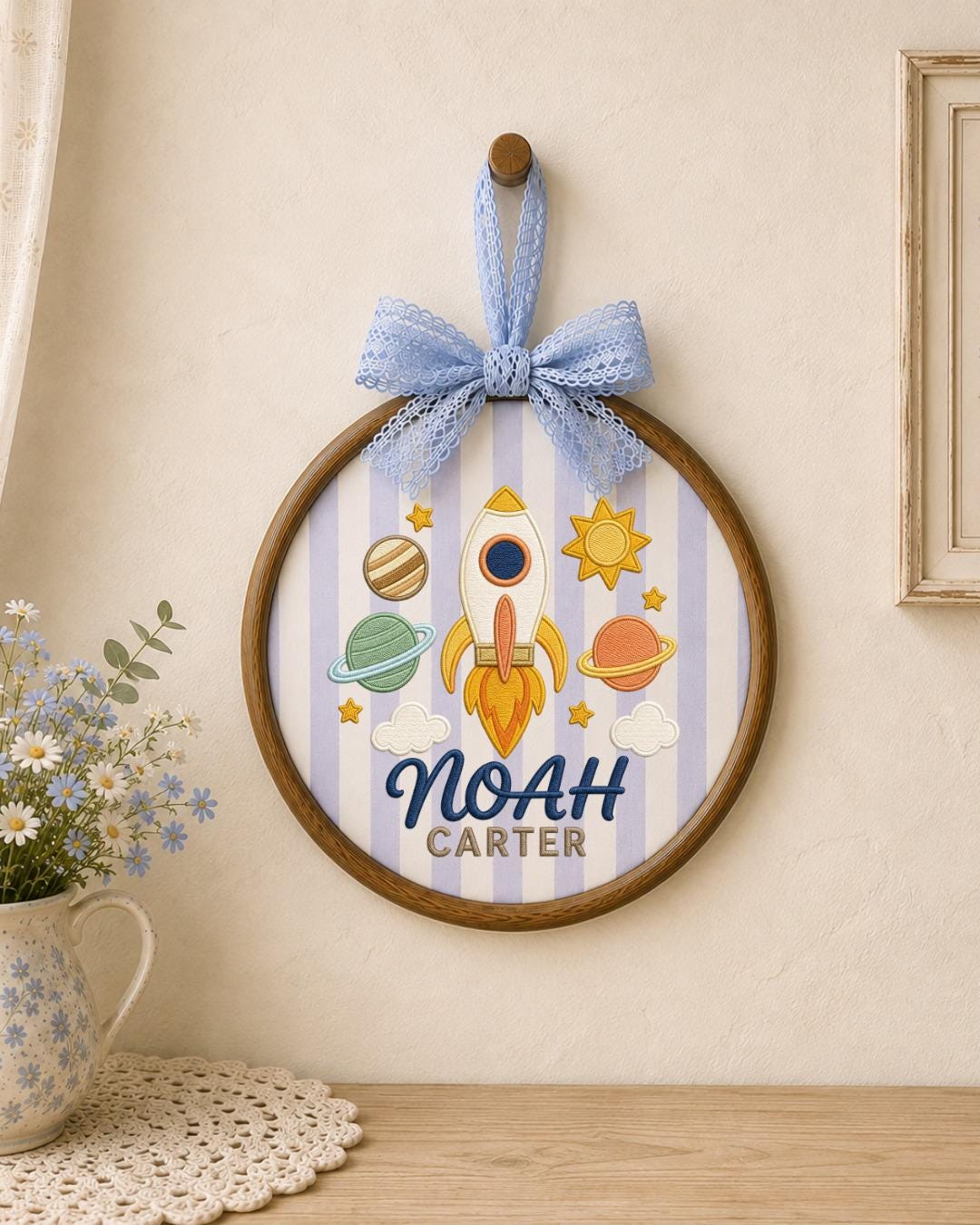 Personalized Embroidered Rocket Ornament, Custom Baby Name Hoop, Space Nursery Wall Decor, Baby Boy Gift, Newborn Keepsake