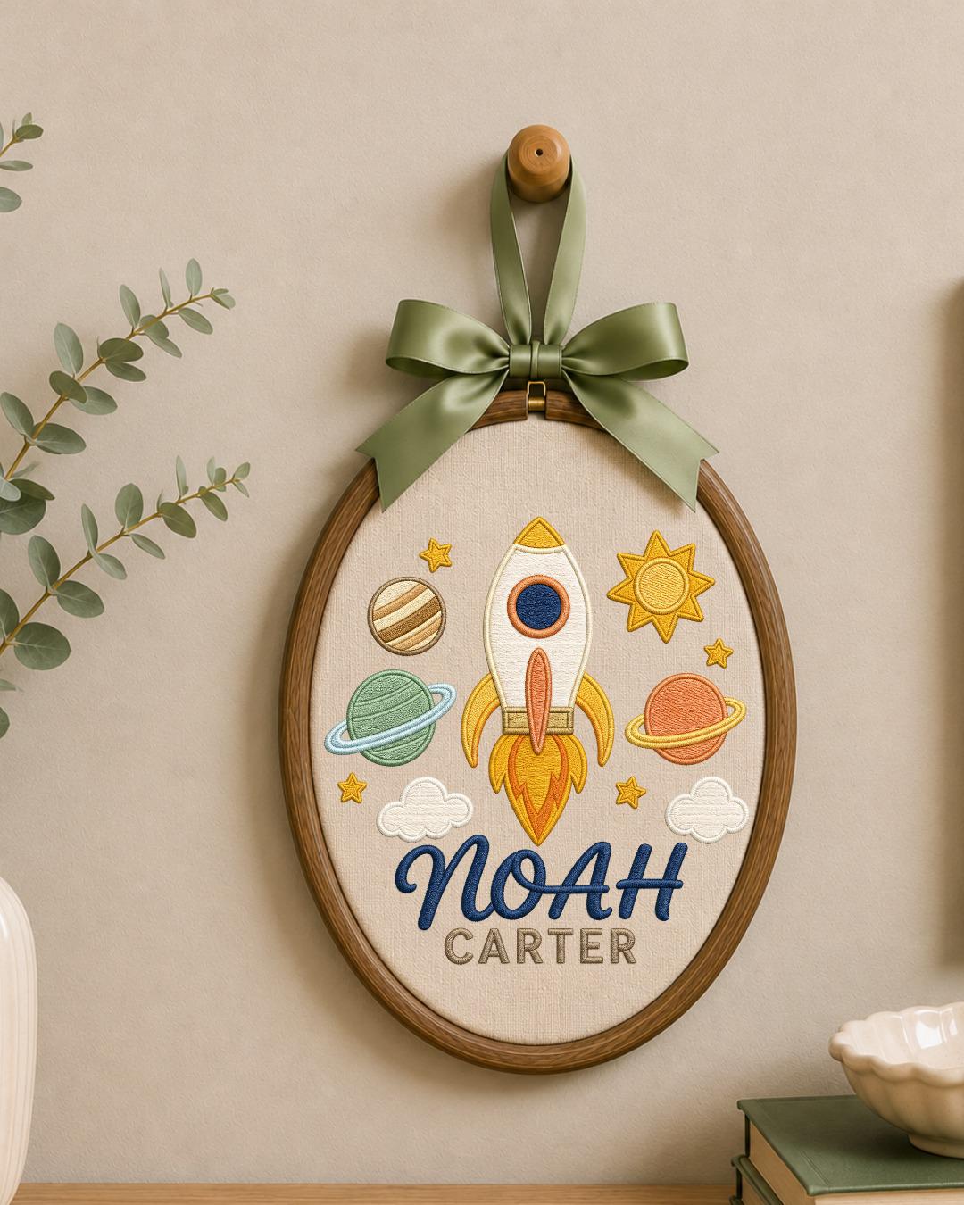 Personalized Embroidered Rocket Ornament, Custom Baby Name Hoop, Space Nursery Wall Decor, Baby Boy Gift, Newborn Keepsake