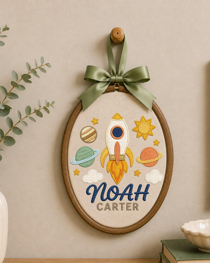Personalized Embroidered Rocket Ornament, Custom Baby Name Hoop, Space Nursery Wall Decor, Baby Boy Gift, Newborn Keepsake