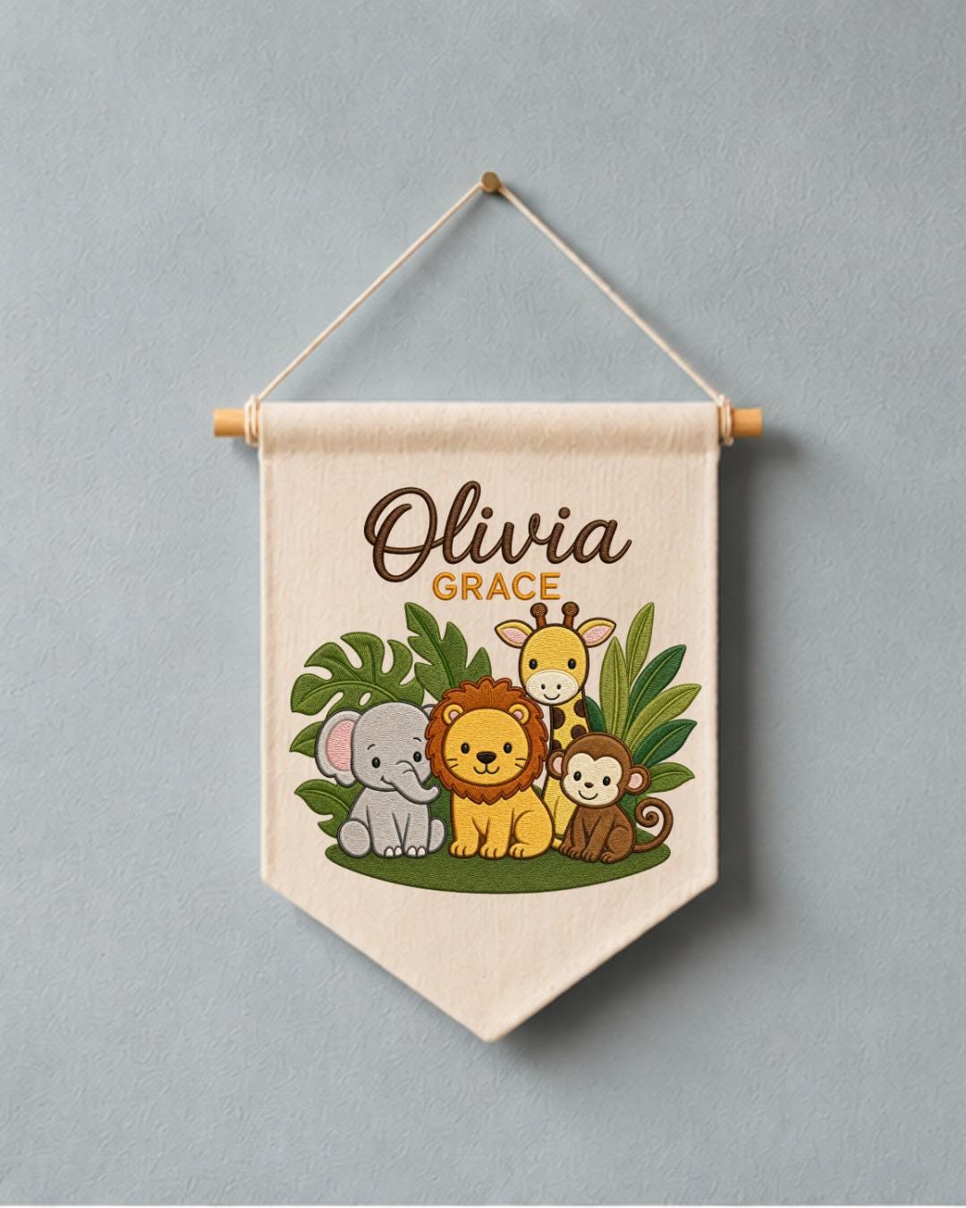 Personalized Safari Animal Wall Hanging, Custom Double Name Embroidered Banner, Jungle Nursery Decor, Baby Room Gift, Safari Baby Keepsake