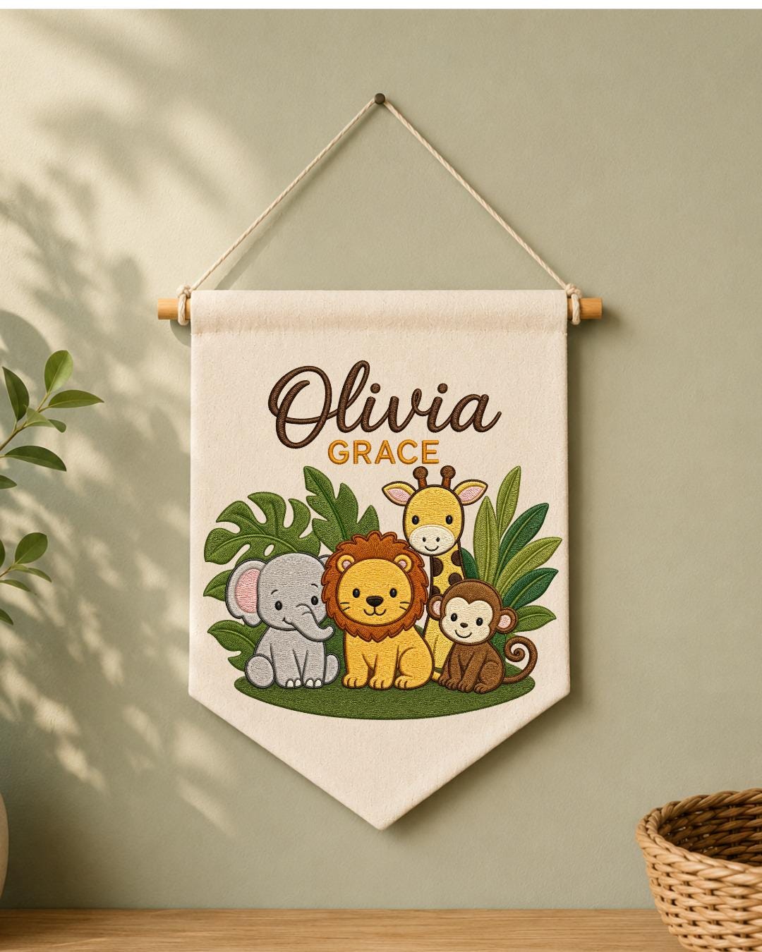 Personalized Safari Animal Wall Hanging, Custom Double Name Embroidered Banner, Jungle Nursery Decor, Baby Room Gift, Safari Baby Keepsake