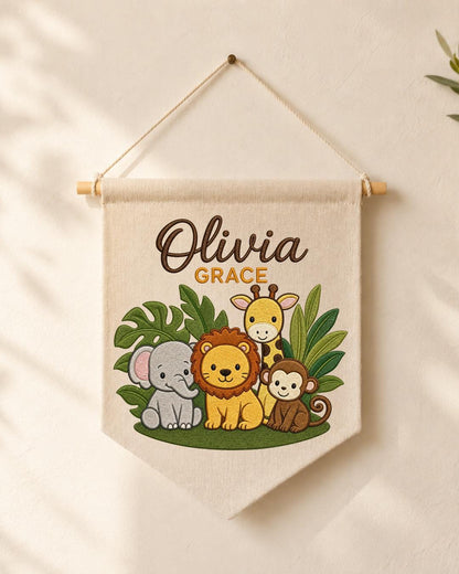Personalized Safari Animal Wall Hanging, Custom Double Name Embroidered Banner, Jungle Nursery Decor, Baby Room Gift, Safari Baby Keepsake