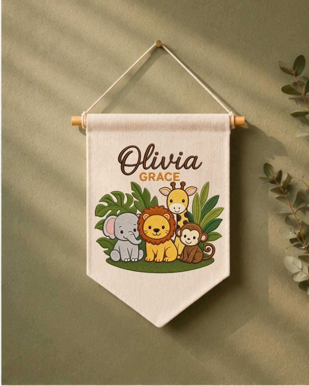 Personalized Safari Animal Wall Hanging, Custom Double Name Embroidered Banner, Jungle Nursery Decor, Baby Room Gift, Safari Baby Keepsake