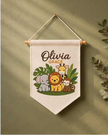 Personalized Safari Animal Wall Hanging, Custom Double Name Embroidered Banner, Jungle Nursery Decor, Baby Room Gift, Safari Baby Keepsake