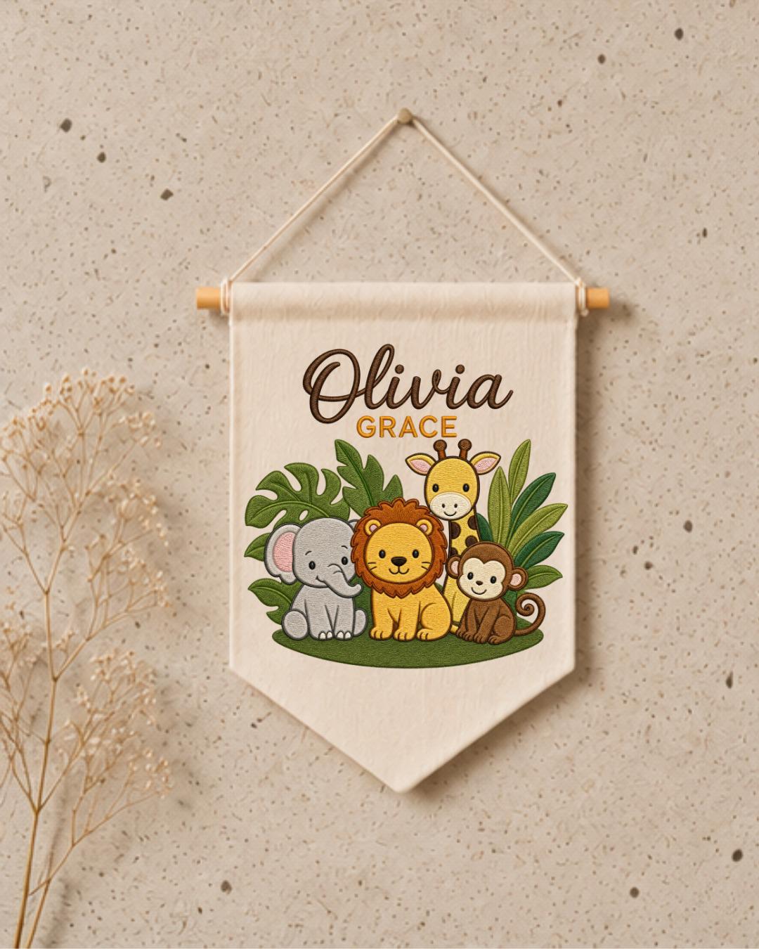 Personalized Safari Animal Wall Hanging, Custom Double Name Embroidered Banner, Jungle Nursery Decor, Baby Room Gift, Safari Baby Keepsake