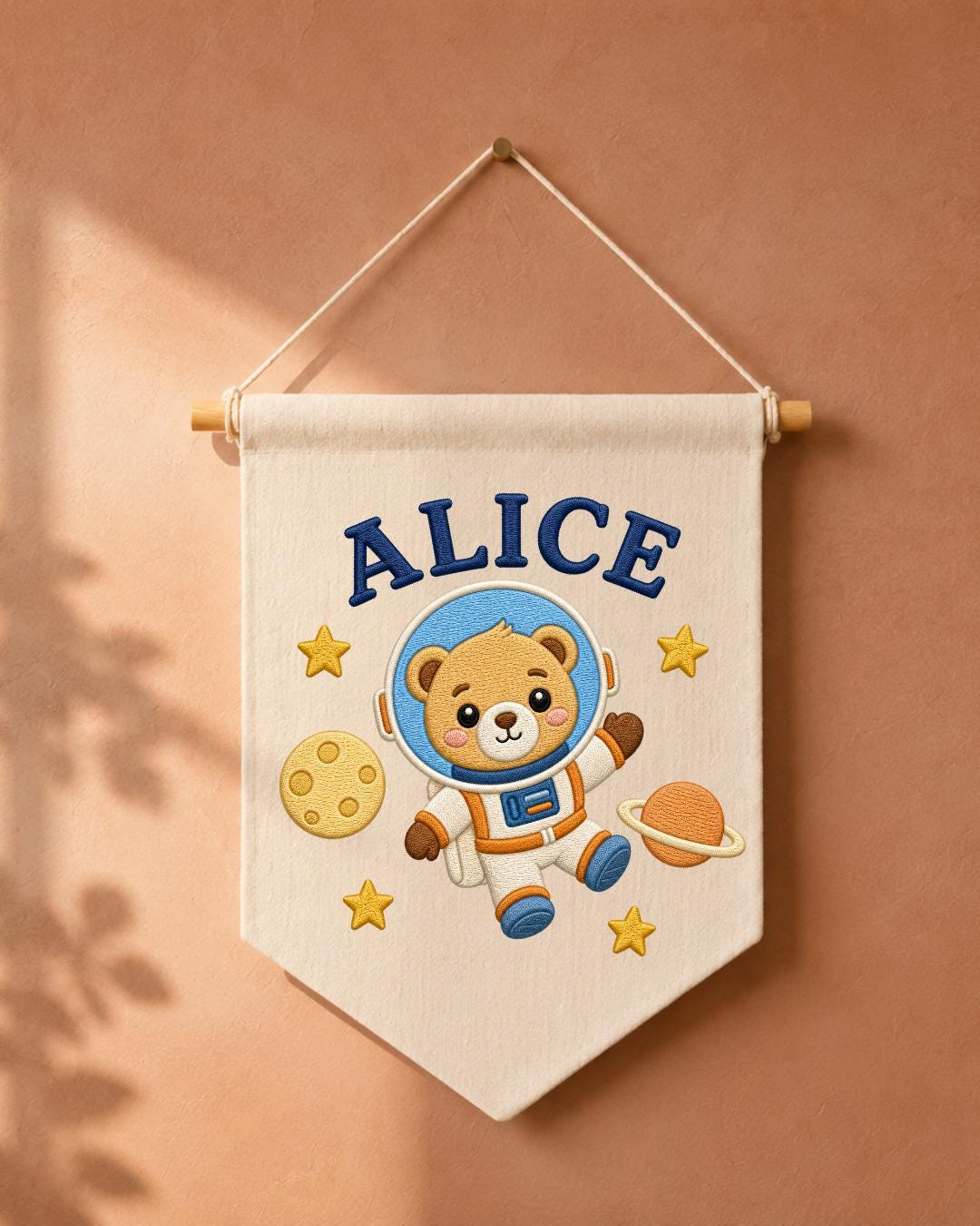 Personalized Astronaut Bear Wall Hanging, Custom Name Embroidered Space Banner, Baby Boy Nursery Decor, Outer Space Room Gift