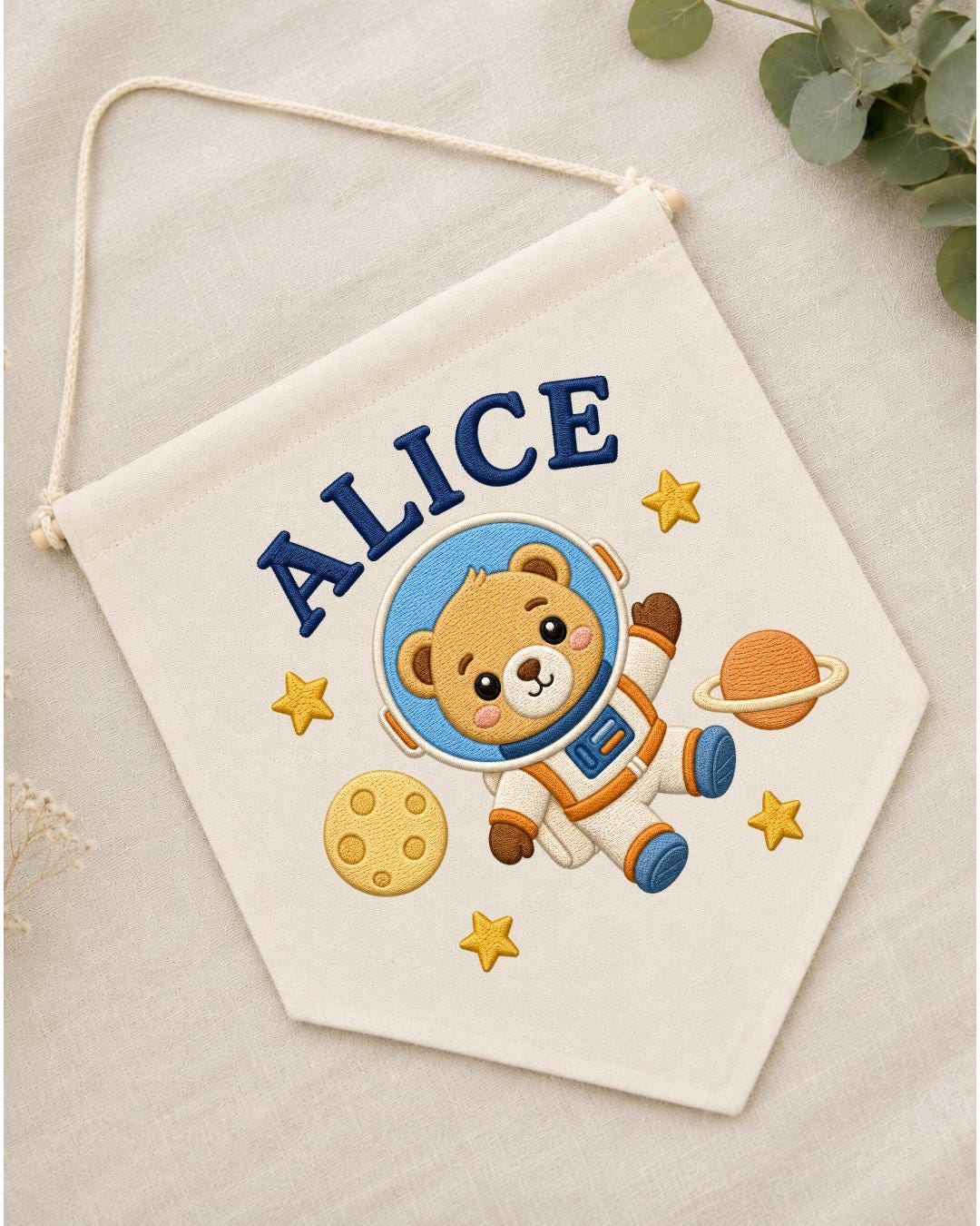 Personalized Astronaut Bear Wall Hanging, Custom Name Embroidered Space Banner, Baby Boy Nursery Decor, Outer Space Room Gift
