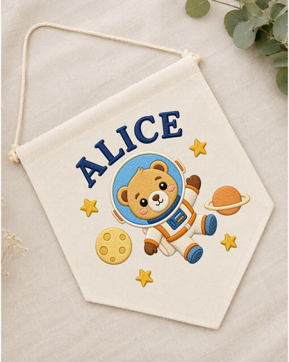 Personalized Astronaut Bear Wall Hanging, Custom Name Embroidered Space Banner, Baby Boy Nursery Decor, Outer Space Room Gift