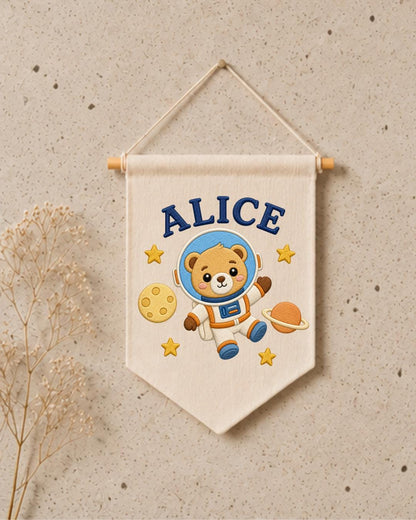Personalized Astronaut Bear Wall Hanging, Custom Name Embroidered Space Banner, Baby Boy Nursery Decor, Outer Space Room Gift