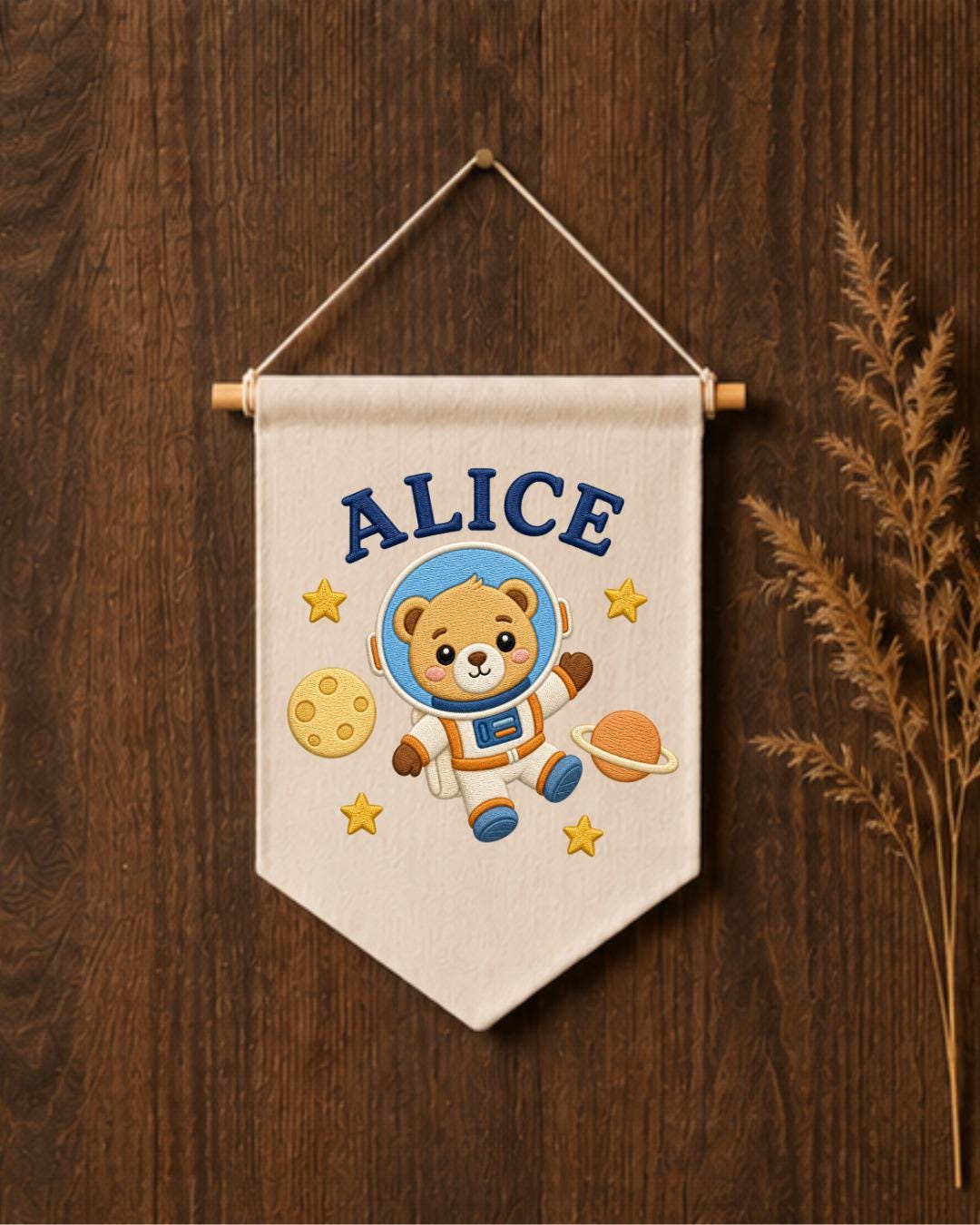 Personalized Astronaut Bear Wall Hanging, Custom Name Embroidered Space Banner, Baby Boy Nursery Decor, Outer Space Room Gift