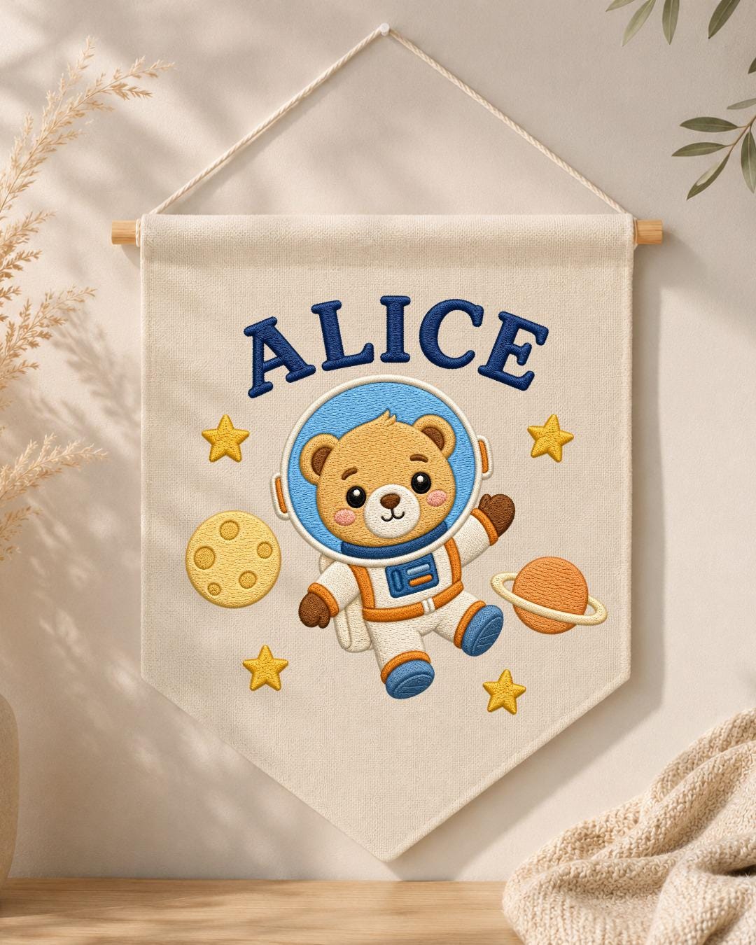 Personalized Astronaut Bear Wall Hanging, Custom Name Embroidered Space Banner, Baby Boy Nursery Decor, Outer Space Room Gift