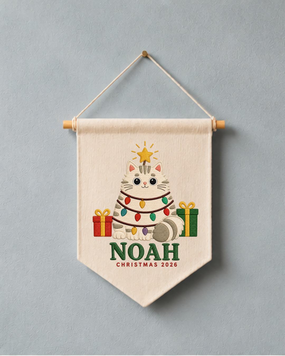 Personalized Christmas Cat Wall Hanging, Custom Name Embroidered Banner, Cute Cat Christmas Decor, Pet Lover Holiday Gift 2026