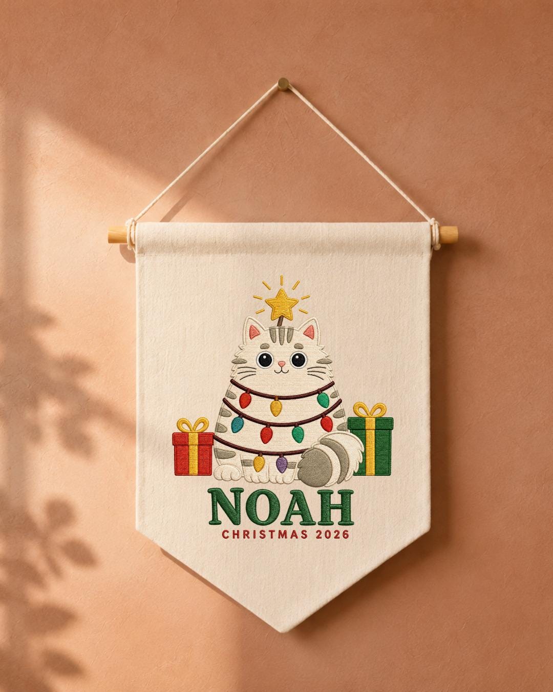 Personalized Christmas Cat Wall Hanging, Custom Name Embroidered Banner, Cute Cat Christmas Decor, Pet Lover Holiday Gift 2026