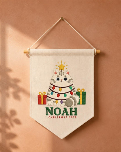 Personalized Christmas Cat Wall Hanging, Custom Name Embroidered Banner, Cute Cat Christmas Decor, Pet Lover Holiday Gift 2026