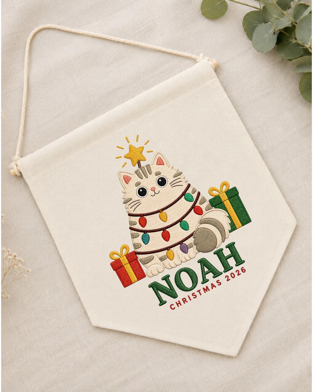 Personalized Christmas Cat Wall Hanging, Custom Name Embroidered Banner, Cute Cat Christmas Decor, Pet Lover Holiday Gift 2026