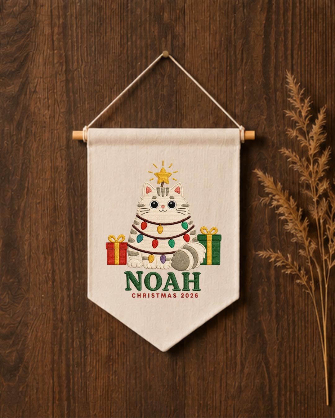 Personalized Christmas Cat Wall Hanging, Custom Name Embroidered Banner, Cute Cat Christmas Decor, Pet Lover Holiday Gift 2026