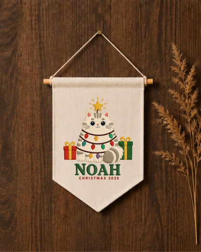 Personalized Christmas Cat Wall Hanging, Custom Name Embroidered Banner, Cute Cat Christmas Decor, Pet Lover Holiday Gift 2026