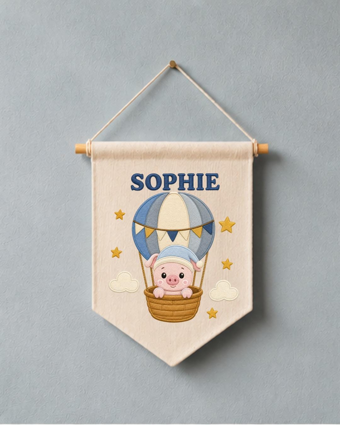 Personalized Hot Air Balloon Pig Wall Hanging, Custom Name Embroidered Banner, Baby Girl Nursery Decor, Cute Adventure Room Gift