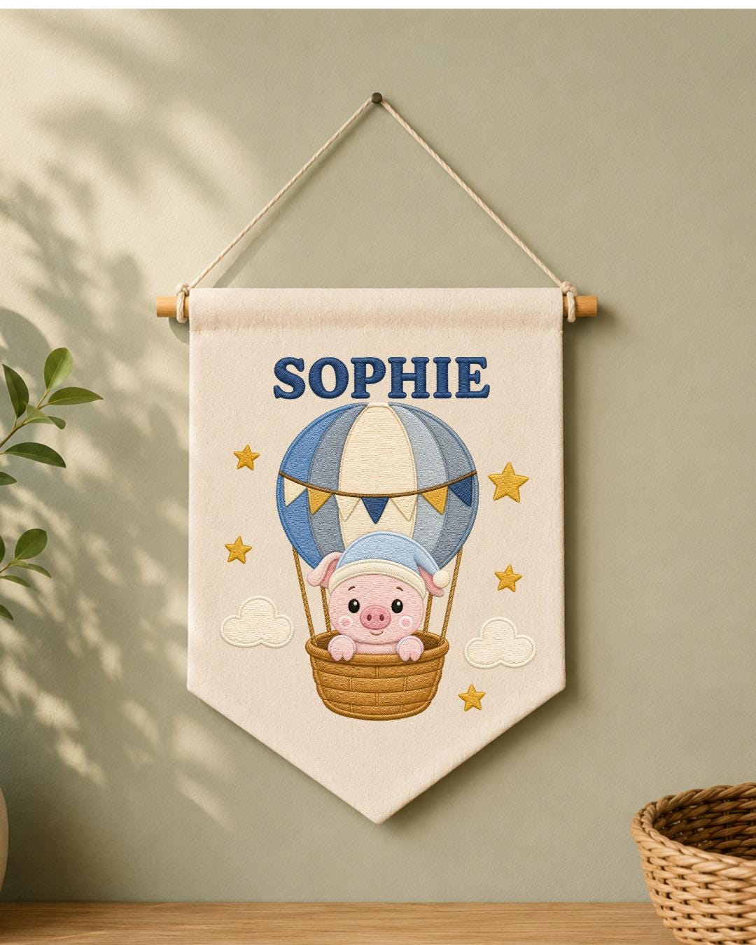 Personalized Hot Air Balloon Pig Wall Hanging, Custom Name Embroidered Banner, Baby Girl Nursery Decor, Cute Adventure Room Gift
